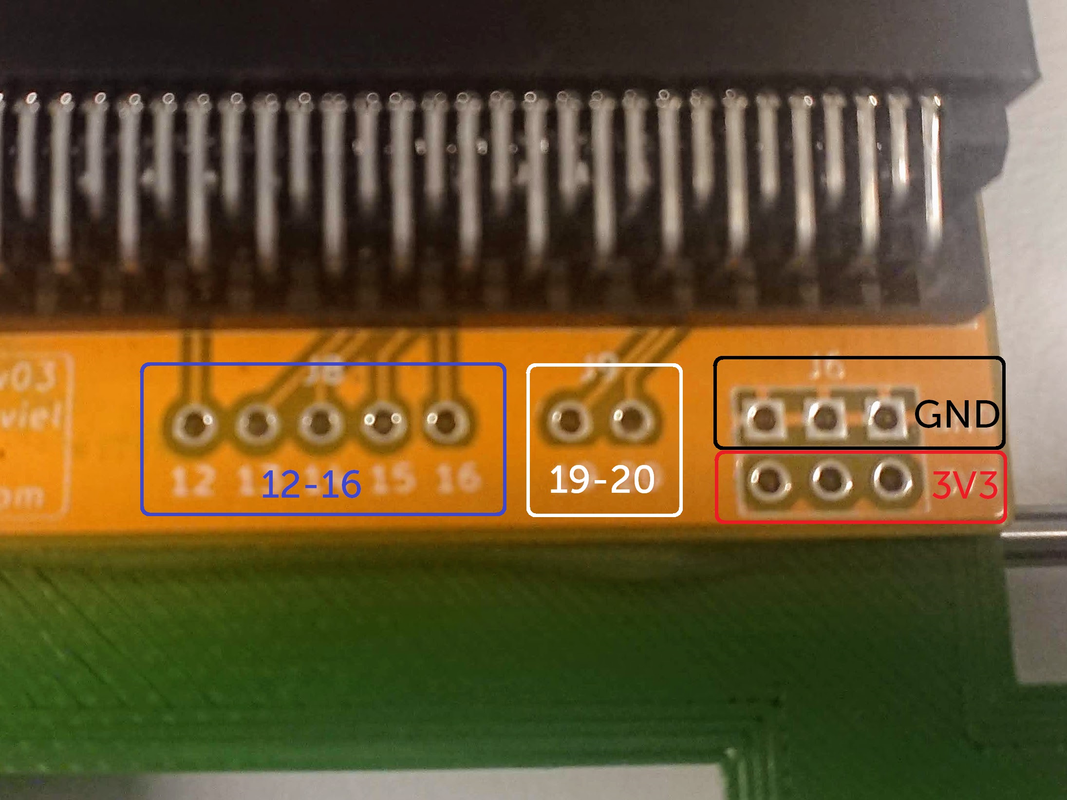 Close-up of circuit board with labels highlighted